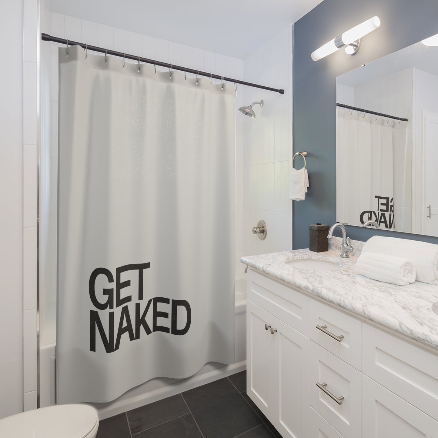 "GET NAKED " Shower Curtains